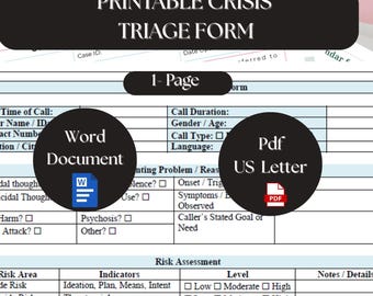Formulario de triaje telefónico en crisis para enfermeros y profesionales de la salud mental, plantilla imprimible en PDF y editable en Word