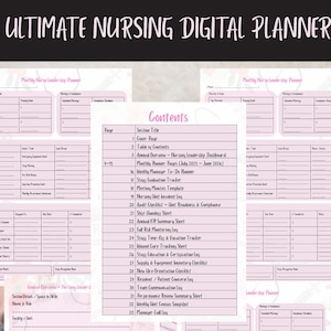 Könnte beinhalten: Digitaler Pflegeplaner mit rosa Akzenten. Enthält ein Inhaltsverzeichnis, monatliche Planerseiten und verschiedene Checklisten. Enthält den Text "Ultimate Nursing Digital Planner" und "20+ Pages".