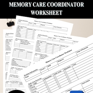Puede incluir: Una hoja de trabajo titulada "Memory Care Coordinator Worksheet" con secciones para información del residente, descripción general del cuidado diario, seguimiento del comportamiento y actividades. El documento es personalizable en Word, con un icono de Word visible.
