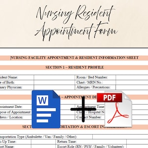 May include: A Nursing Resident Appointment Form with sections for resident profile, appointment details, transportation, and facility communication. The form includes a Word document icon and a PDF icon. The title is in elegant script.
