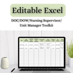 Pode incluir: Um laptop exibindo uma planilha do Excel editável, projetada como um kit de ferramentas para supervisores/gerentes de unidade de enfermagem DOC/DOW. A tela mostra uma tabela para rastrear admissões, eventos de segurança e muito mais. O texto na parte superior diz "Editable Excel".