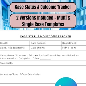 Könnte beinhalten: Ein weißes Dokument mit dem Titel "Case Status & Outcome Tracker" mit einem rosa Header und dem Text "2 Versions Included - Multi & Single Case Templates". Das Dokument enthält Felder für Falldetails und ein Canva-Logo.