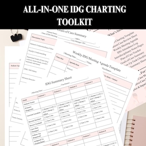 May include: A collection of white paper forms with pink accents, designed for medical charting. The forms include sections for patient information, meeting agendas, and care summaries. The text "ALL-IN-ONE IDG CHARTING TOOLKIT" is at the top.