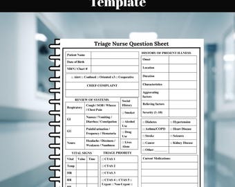 Triage Nurse Question Sheet, Printable emerge nurse report sheet PDF, ER nurse Intake Form, CTAS Template, triage form for RNs, rpns, travel