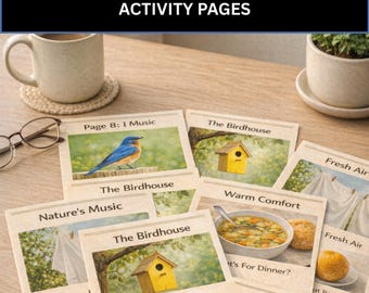 May include: A collection of dementia-friendly memory care activity pages. The pages feature images of a bluebird, birdhouse, soup, and other scenes. The text on the pages includes instructions and questions. The set includes 18 pages.
