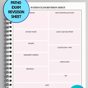 May include: A spiral-bound revision sheet for a Patho exam. The sheet has a white background with pink boxes for notes and headings such as "Definition", "Key Risk Factors", and "Classic Signs and Symptoms". The sheet also has the text "Patho Exam Revision Sheet".