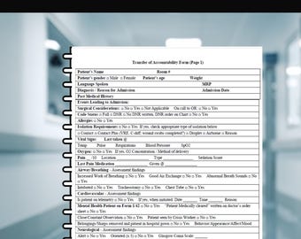 May include: A white Nurse TOA Form template with black text, titled "Nurse TOA Form" and "Nursing Handover Template." The form includes sections for patient information, vital signs, and assessment findings, designed for medical documentation.
