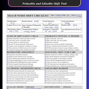 Könnte beinhalten: Ein weißes Trach Nurse Shift Checklist-Dokument mit schwarzem Text und blauen handschriftlichen Einträgen. Das Formular enthält Abschnitte für Patientendaten, Sicherheitsüberprüfungen, Atemwegsbewertungen, Absaugung und Notfallversorgung.