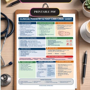 May include: A podiatry cheat sheet with the title "Podiatry Cheat Sheet" and "Printable PDF" on top. The sheet includes sections on foot assessment, circulation, neuropathy, common foot conditions, skin conditions, nail disorders, and diabetic foot care. A pen and stethoscope are on the side.