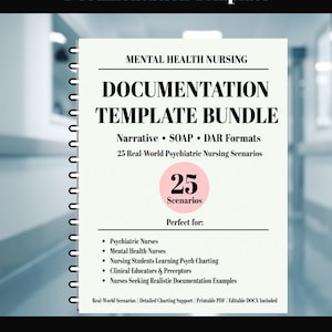 Peut inclure: Un ensemble de modèles de documentation à spirales pour les soins infirmiers en santé mentale. La couverture présente le titre "Mental Health Nursing Documentation Template Bundle" avec "Narrative, SOAP, DAR Formats" et "25 Real-World Psychiatric Nursing Scenarios". Le texte comprend également "25 Scenarios".