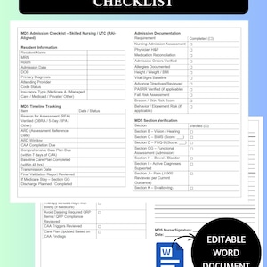 May include: A checklist titled "RAI-ALIGNED MDS ADMISSION CHECKLIST" with sections for resident information, MDS timeline tracking, and admission documentation. Includes a Word document icon with the text "EDITABLE WORD DOCUMENT".