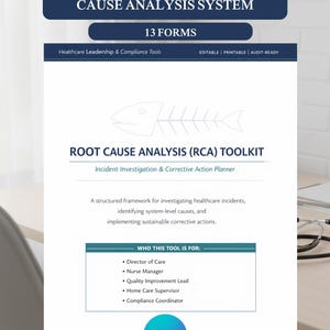 Op de afbeelding: Een wit document met de titel "Root Cause Analysis (RCA) Toolkit" en de tekst "Editable Audit-Ready Root Cause Analysis System" en "13 Forms". Het document bevat een visgraatdiagram en een lijst met rollen, waaronder zorgdirecteur en verpleegkundige. Het Canva-logo is zichtbaar.