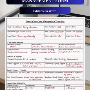 Puede incluir: Una plantilla de Formulario de Gestión de Casos de Cuidado de Crianza, editable en Word, con secciones para información del niño, detalles del caso y planes de acción. Incluye campos para Emily Johnson, número de caso F1203 y fecha de revisión. El formulario describe servicios, apoyos e información de contacto familiar.