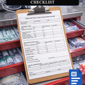 Peut inclure: Un presse-papiers avec une liste de contrôle intitulée "EDITABLE CRASH CART CHECKLIST" est affiché. La liste de contrôle comprend des sections pour l'équipement, les médicaments et l'intégrité du chariot. Le presse-papiers est maintenu par une pince métallique.