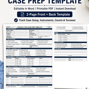 Puede incluir: Una plantilla de preparación de casos para técnicos quirúrgicos de dos páginas con secciones para resumen del caso, revisión preoperatoria, configuración de sala, preparación de campo estéril, tiempo de espera y soporte intraoperatorio.