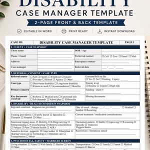 May include: A two-page disability case manager template document featuring dark blue headers and white sections. The form includes fields for client snapshot, referral, consent, case type, health condition, and psychosocial safety barriers.