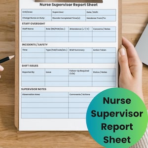 May include: A clipboard with a printed "Nurse Supervisor Report Sheet" is held by a person. The report sheet includes sections for staff oversight, incidents, shift issues, and supervisor notes. A pencil rests on the wooden surface.