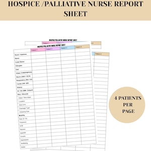 Hospice Nurse report sheet, nurse cheat sheet, printable assessment form, palliative care nurse checklist, nurse visit log, patient tracker