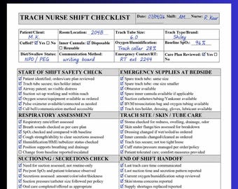 Lista de verificación para enfermeras especializadas en traqueostomía, hoja de informe de turno imprimible para enfermeras registradas, enfermeras prácticas registradas y enfermeras prácticas licenciadas en cuidados intensivos, plantilla de enfermería a domicilio.