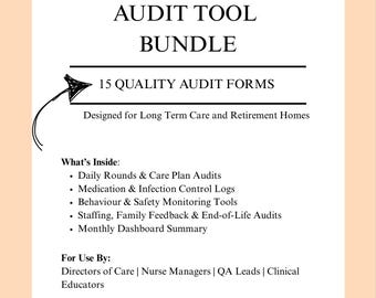 Könnte beinhalten: Ein weißes Dokument mit dem Titel "Director of Care Audit Tool Bundle" in schwarzer Schrift. Es enthält "15 Qualitätsauditformulare" und listet Audittypen wie "Tägliche Runden" und "Medikationsprotokolle" auf. Konzipiert für Langzeitpflege und Seniorenheime.