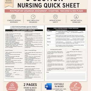 May include: A two-page C-Section Nursing Quick Sheet document featuring postpartum cesarean assessment, charting, teaching, and red flags. The resource includes sections for priority assessment, nursing care, charting phrases, and patient education.