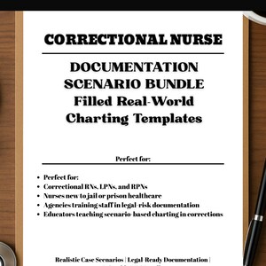 Puede incluir: Un documento titulado "CORRECTIONAL NURSE DOCUMENTATION SCENARIO BUNDLE" con el texto "Easy to Comprehend" en la parte superior. El documento incluye vi&ntilde;etas y la frase "Printable PDF Bundle."