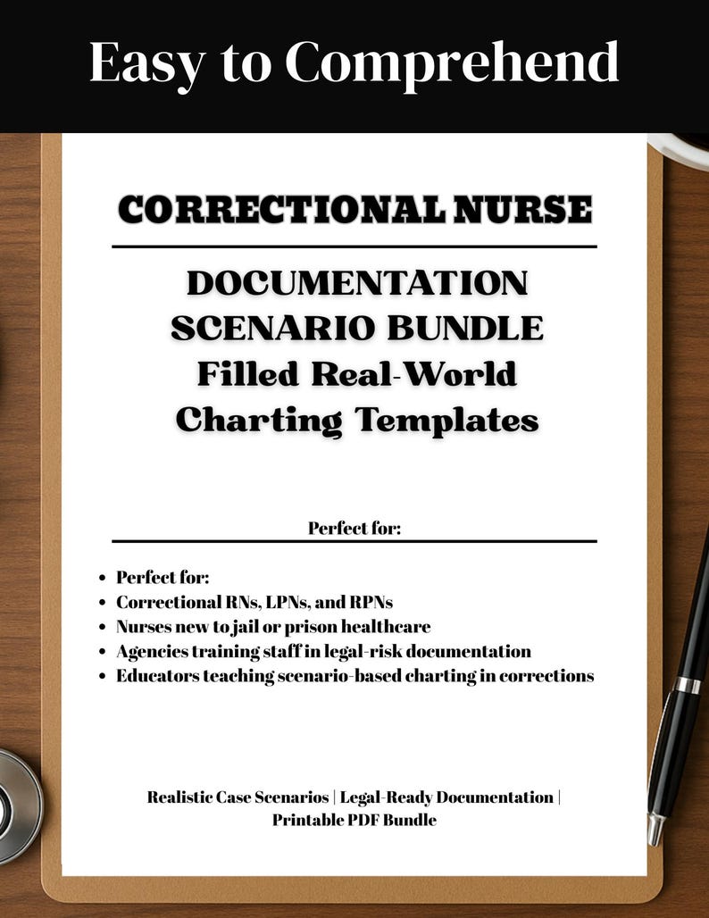 Puede incluir: Un documento titulado "CORRECTIONAL NURSE DOCUMENTATION SCENARIO BUNDLE" con el texto "Easy to Comprehend" en la parte superior. El documento incluye vi&ntilde;etas y la frase "Printable PDF Bundle."