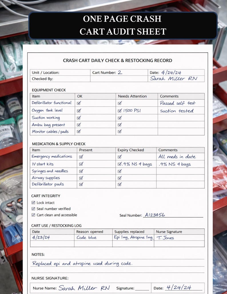 Crash Cart Daily Check Checklist for Nurses | Code Blue Cart Inspection ...