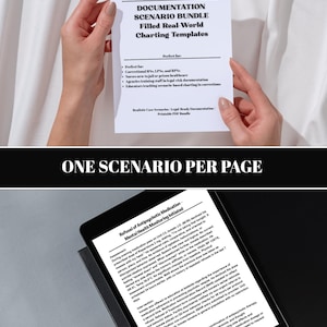 Puede incluir: Un paquete de plantillas de escenarios de documentaci&oacute;n para enfermeras correccionales. El papel blanco sostenido por manos muestra el t&iacute;tulo "Correctional Nurse Documentation Scenario Bundle" y vi&ntilde;etas. Una tableta muestra un escenario con notas m&eacute;dicas.