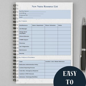 May include: A spiral-bound notebook titled "New Nurse Resource List" with a blue header and tables for key contacts and policies. A black pen rests on the right. The notebook has the text "EASY TO FILL" on a navy blue circle.