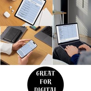 May include: Digital planner displayed on a tablet, laptop, and smartphone. The planner has a blue and white design with reflection prompts. The phrase "GREAT FOR DIGITAL USE" is in a black circle.