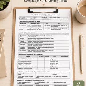 May include: A Monthly IPAC Meeting Form for LTC Nursing Teams on a clipboard. The document includes sections for meeting purpose, agenda, infection surveillance dashboard, and escalation triggers with checkboxes and tables for tracking data.