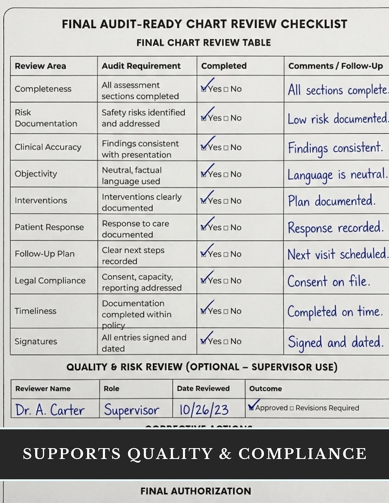 Mental Health Clinical Charting Checklist, Documentation Checklist for ...