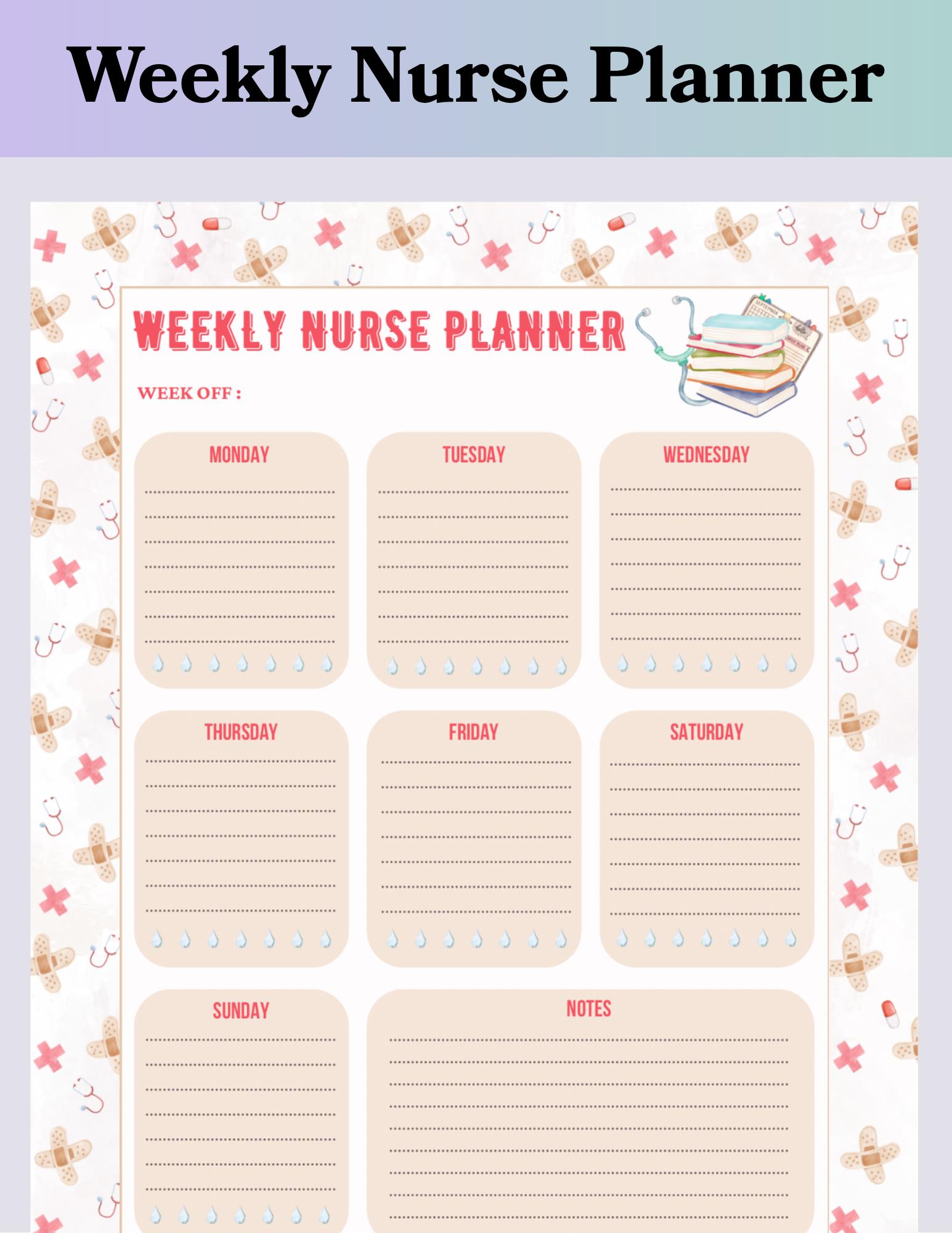 Weekly Nurse Printable Digital Planner, Blush Watercolor Nursing Stationery, C, Clinical Notes ...