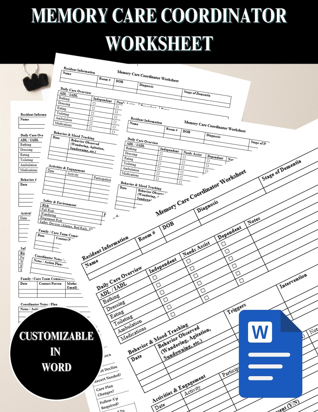 Memory Care Coordinator Worksheet for Dementia Care, Tracking Sheet for ...