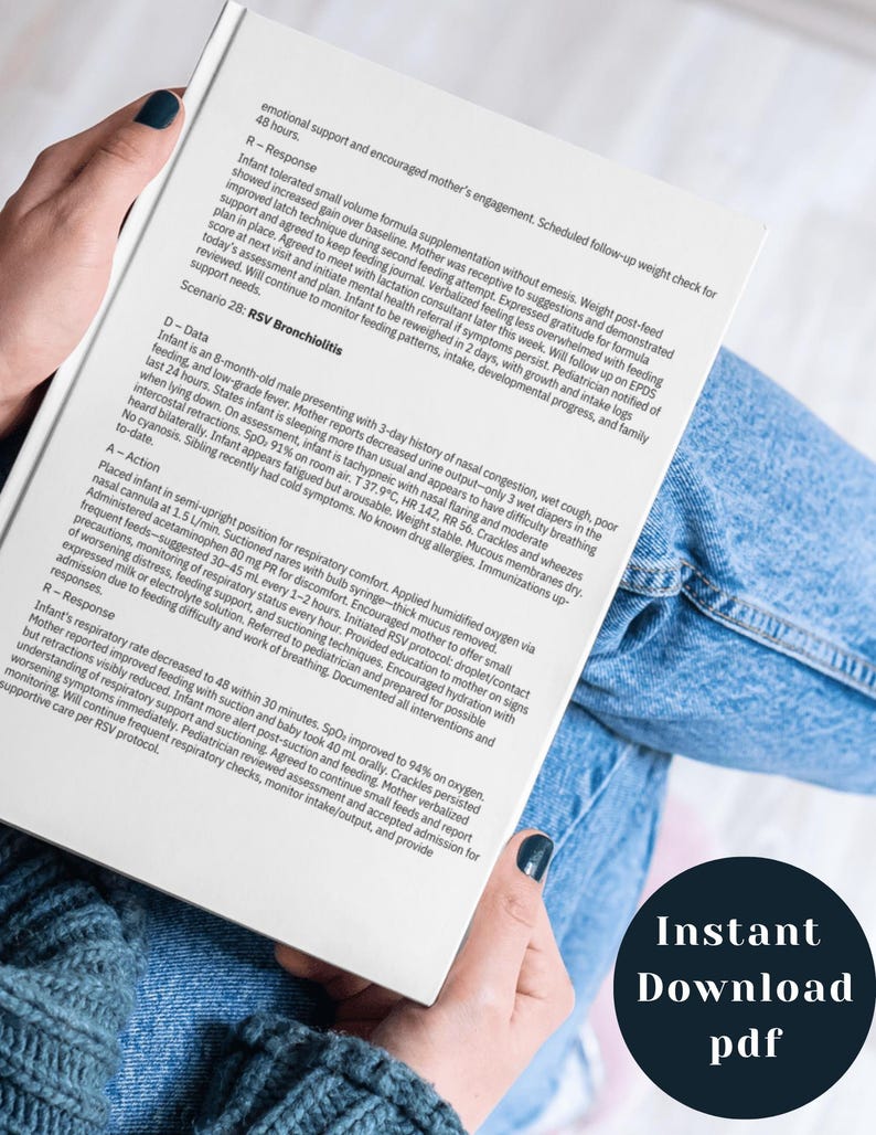 May include: A white book with text and a black circle with the words "Instant Download pdf". The book is held by a person with dark nail polish. The text on the book describes a medical scenario.