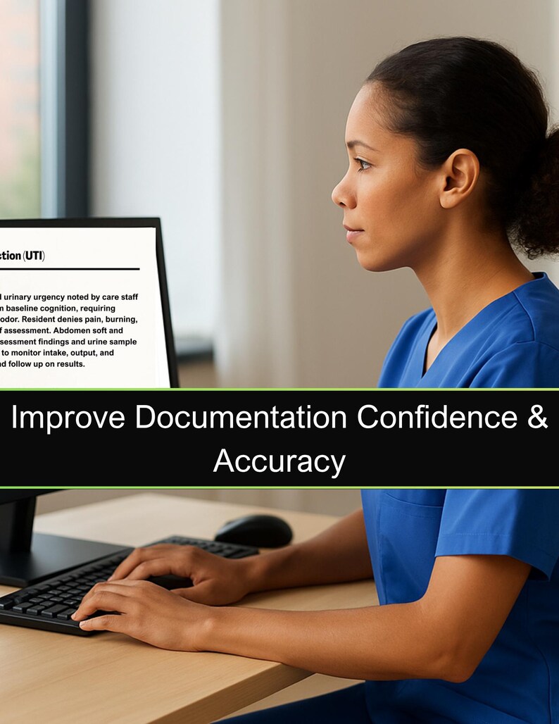 May include: A person in blue scrubs types on a keyboard, with a computer screen displaying medical information. The image features the text "Improve Documentation Confidence & Accuracy".