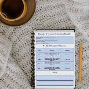 The weekly orientation milestones section includes a table with columns for week, milestones, and completed. The milestones include unit tour, staff introductions, policy orientation, EMR login setup, PPE review, shadow patient load, medication pass observation, SMART handout practice, begin taking full assignment, basic skills independently, begin charting with guidance, full independent care, preceptor feedback summary, end of orientation self-evaluation.