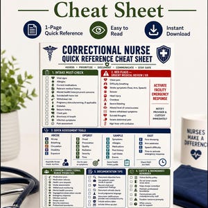 May include: A Correctional Nurse Cheat Sheet featuring a 1-page quick reference guide with sections for intake, red flags, assessment tools, nurse priorities, documentation tips, and safety reminders, printed in blue, red, and black text on white.