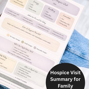 May include: A printed hospice visit summary for family members. The document features sections on comfort, energy, breathing, and connection. The summary includes checkboxes and prompts for caregivers to fill out. The document is held by a person.