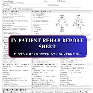May include: An inpatient rehab report sheet document featuring sections for patient snapshot, rehab focus, safety, neuro, cognition, mood, mobility, transfers, pain, body map, and shift notes. The form includes checkboxes and blank lines for data entry.