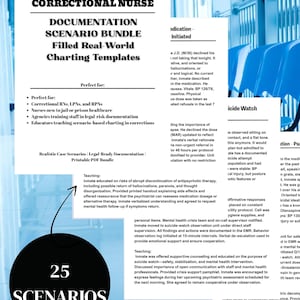 Puede incluir: Un documento titulado "Correctional Nurse Documentation Scenario Bundle" con "25 SCENARIOS" en un c&iacute;rculo negro. El documento incluye plantillas de gr&aacute;ficos para enfermeras, con texto sobre documentaci&oacute;n de riesgos legales y escenarios de salud mental.