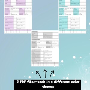May include: Three PDF files, each in a different color theme: soft blue, light pink, and warm grey. Each file is a patient information form with sections for patient demographics, surgical and anesthesia details, and limb, brain, and post-op records.