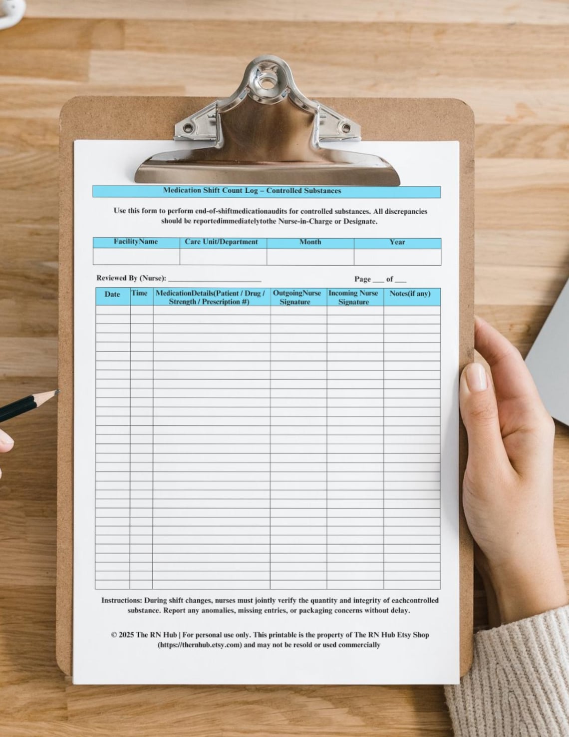 Controlled Substance Medication Count Log | Printable Shift Audit Sheet ...