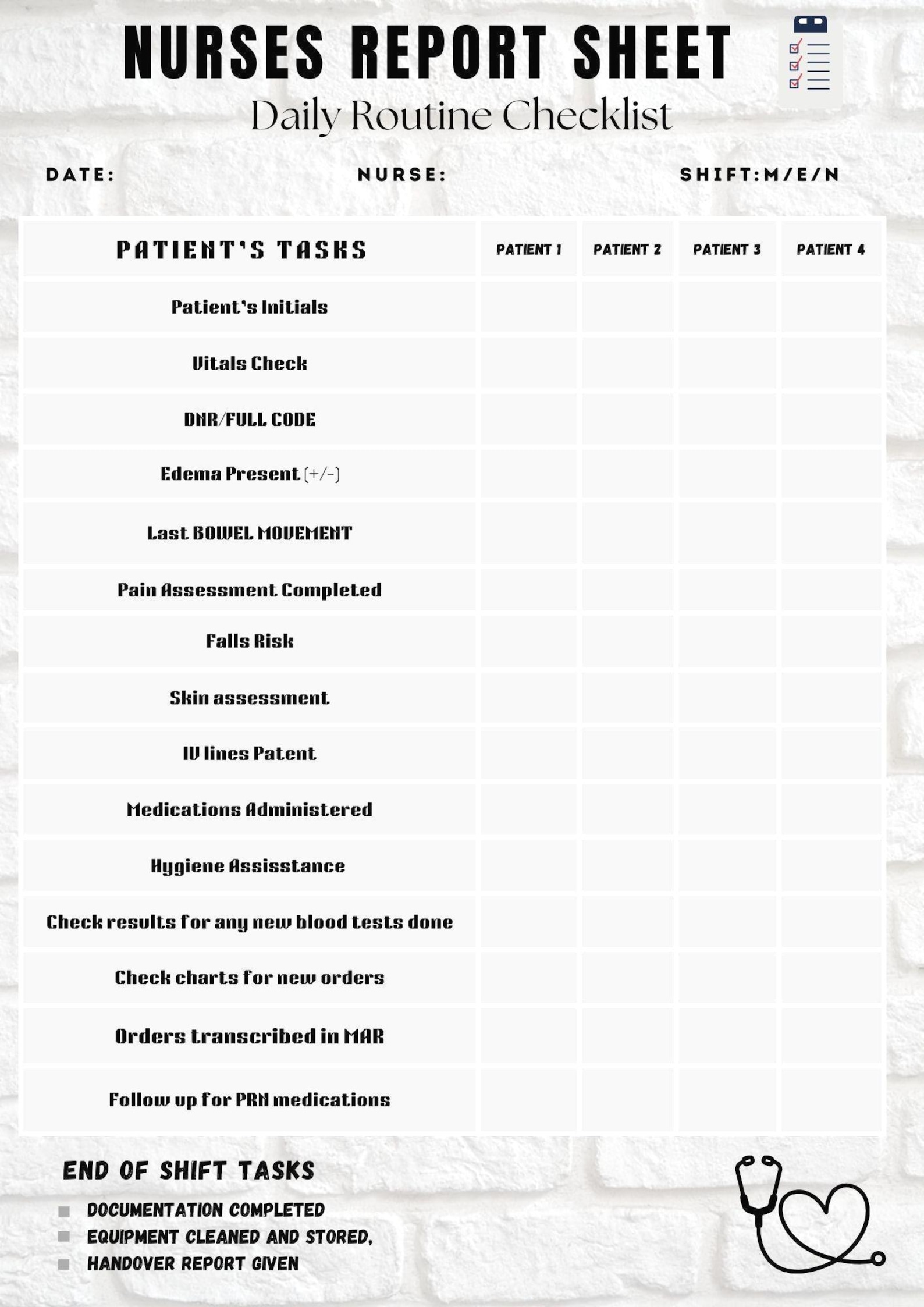 Nurses Daily Routine Checklist | Printable Nurse Report Sheet Template ...