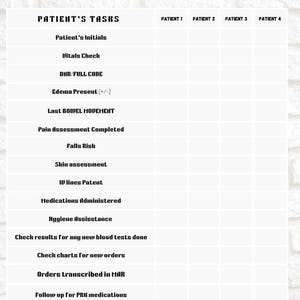 Może przedstawiać: Czarno-biała lista kontrolna dla pielęgniarek z tytułem "Nurses Report Sheet" i "Daily Routine Checklist". Lista kontrolna zawiera sekcje dotyczące zadań pacjenta, zadań na koniec zmiany i informacji o pacjencie.
