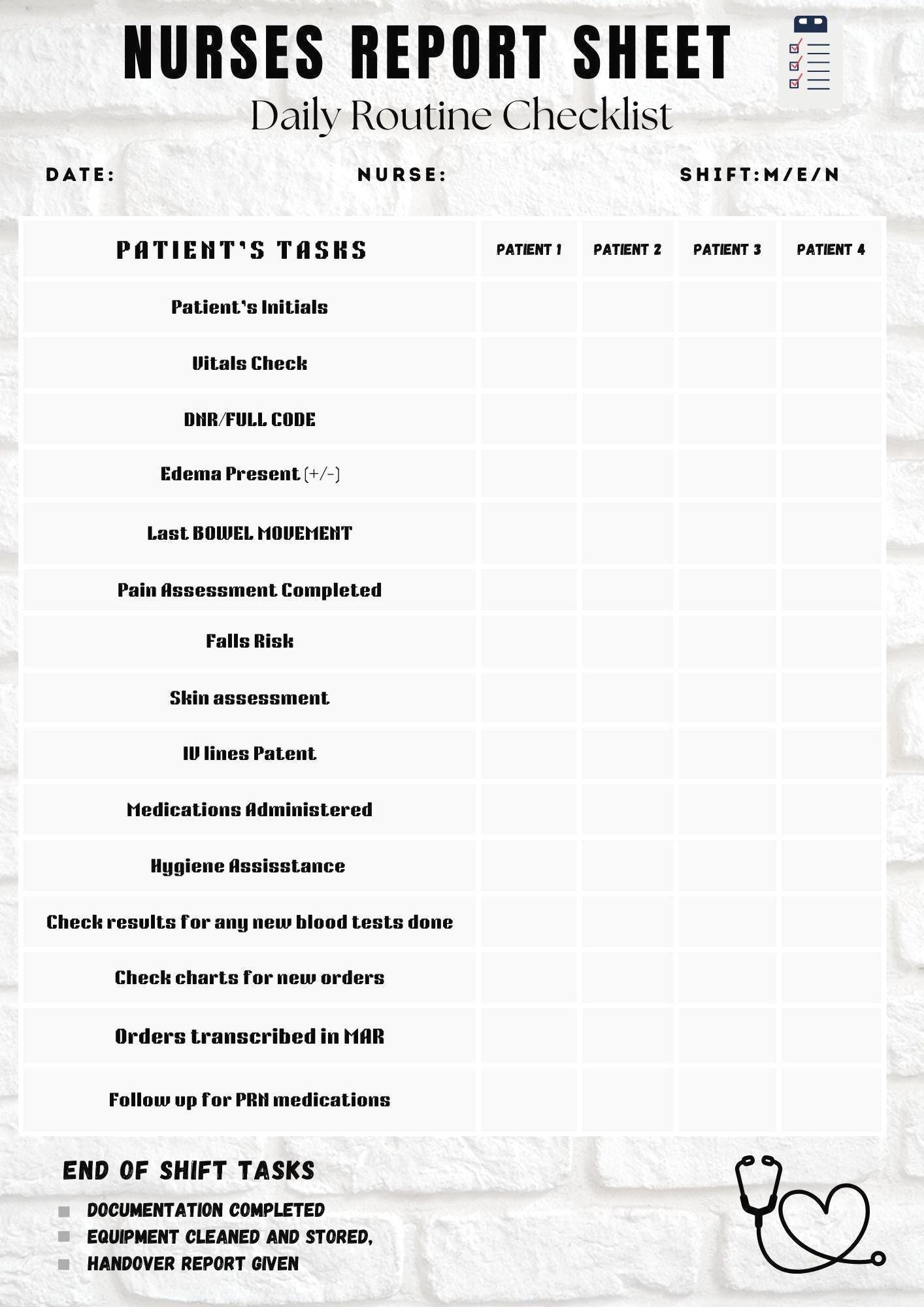 Nurses Daily Routine Checklist | Printable Nurse Report Sheet Template ...