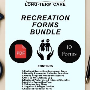 Puede incluir: Un portapapeles con el texto "CUIDADO A LARGO PLAZO" y "PAQUETE DE FORMULARIOS DE RECREACIÓN". La imagen incluye un icono PDF, un gráfico de dos personas y las palabras "10 Formularios". El contenido enumera 10 formularios.