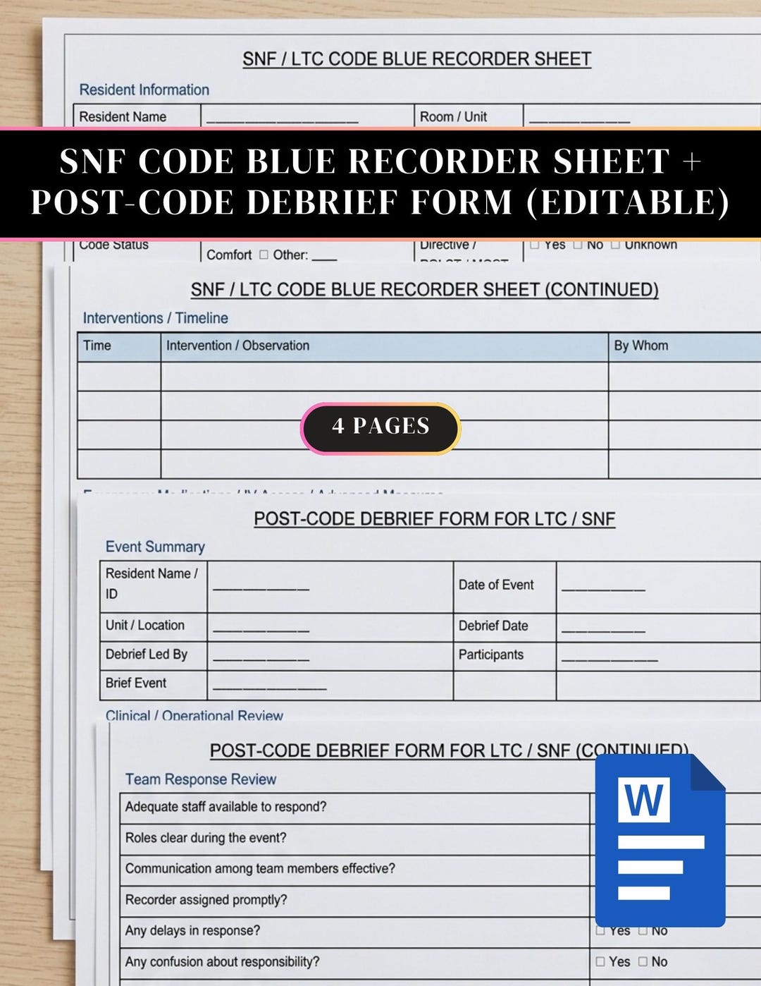 Editable Code Blue Template for SNF and LTC , Post Code Debrief Form ...
