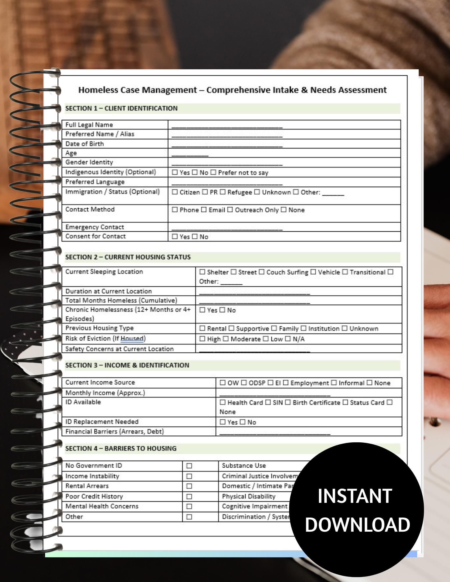Homeless Case Management Intake Template | Housing & Risk Assessment ...